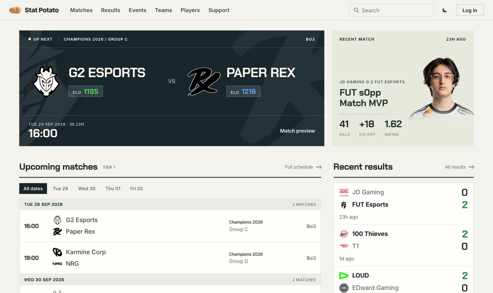 The new home page: the next match between G2 Esports and Paper Rex with each team's Elo, the latest match's best player, and the upcoming schedule